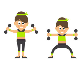 cartoon sport woman with dumbbells set