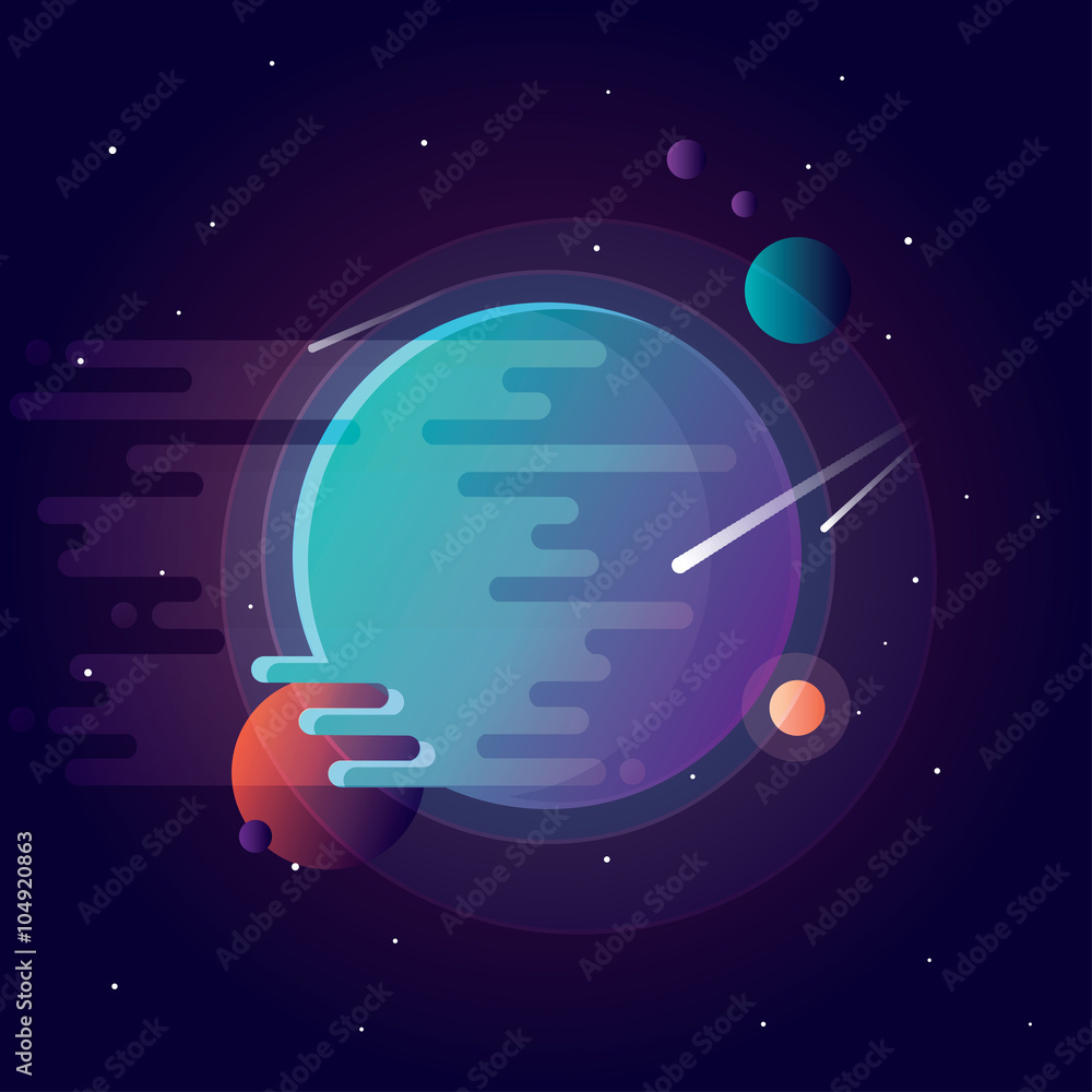 Sticker vibrant colorful planets with falling comets. universe vector illustration in flat design style