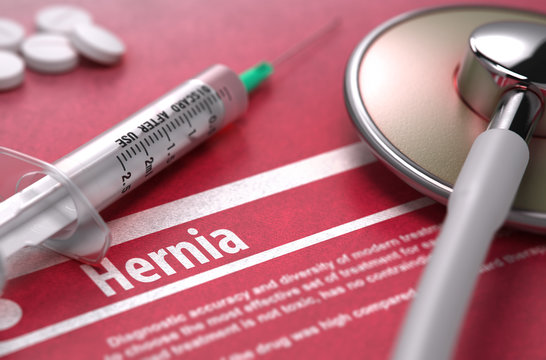 Hernia. Medical Concept On Red Background.