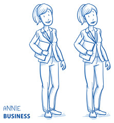 Young woman in business clothes holding a book or files ind two emotions happy and surprised. Hand drawn line art cartoon vector illustration.