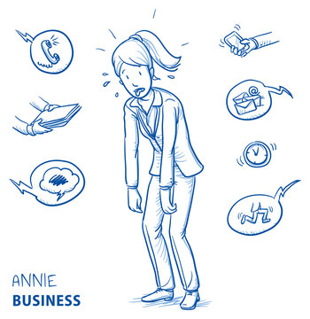 Exhausted young woman in business clothes sweating and panting. Hand drawn line art cartoon vector illustration.