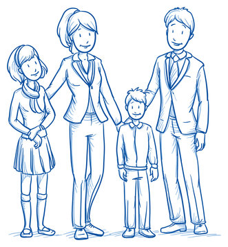 Happy young family in business clothes with two children. Hand drawn line art cartoon vector illustration.