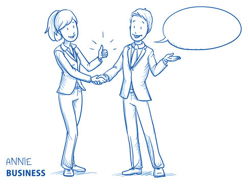 Happy young woman in business clothes showing thumb up and shaking hands with a young man. Hand drawn line art cartoon vector illustration.