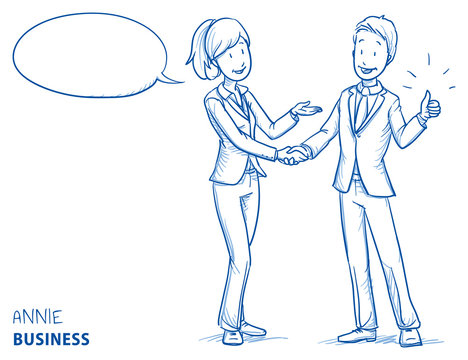 Happy young woman in business clothes explaining something and shaking hands with a young man showing thumb up. Hand drawn line art cartoon vector illustration.