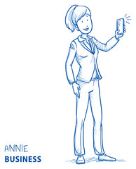 Happy young woman in business clothes taking a photo with her mobile phone. Hand drawn line art cartoon vector illustration.