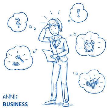 Confused young woman in business clothes holding a letter or document, looking concerned. Hand drawn line art cartoon vector illustration.