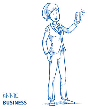 Happy young woman in business clothes taking a photo with her mobile phone. Hand drawn line art cartoon vector illustration.