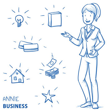 Happy young woman in business clothes holding hand up for presenting something (with icons for product packaging, house, idea, card, money, star). Hand drawn line art cartoon vector illustration.