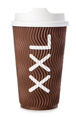 Brown paper cup of coffee or tea close-up isolated on white background.