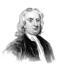 An engraved vintage illustration portrait image of Sir Isaac Newton the famous English physicist,...