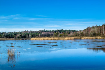 Surface of lake landscape with melting ice in early spring or la