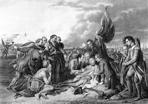 An engraved vintage illustration image of the death of General James Wolfe at the Battle of Quebec, from a Victorian book dated 1886 that is no longer in copyright