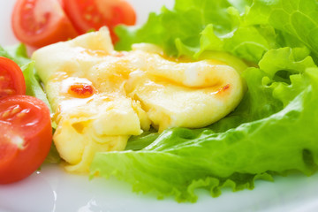 Silky omelette with cheese and chili sauce
