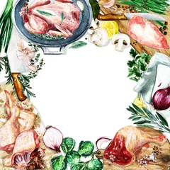 Schilderijen op glas Watercolor background with space for text - Cooking Chicken © nataliahubbert
