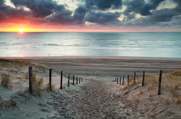 Papier Peint photo Lavable Mer du Nord, Pays-Bas chemin de sable vers la plage de la mer du Nord au coucher du soleil