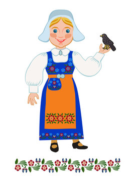 Girl in national costume Swedish and  blackbird