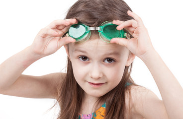 Young girl in swimsuit and glasses isolated on white background