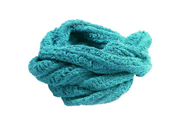 Warm knitted green scarf isolated on white background