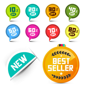 Circle Discount Labels Vector Set with Best Seller Medal and New Sticker