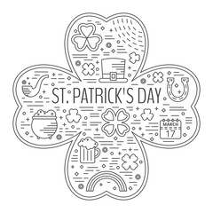 St. Patricks day line icons set in clover shape.