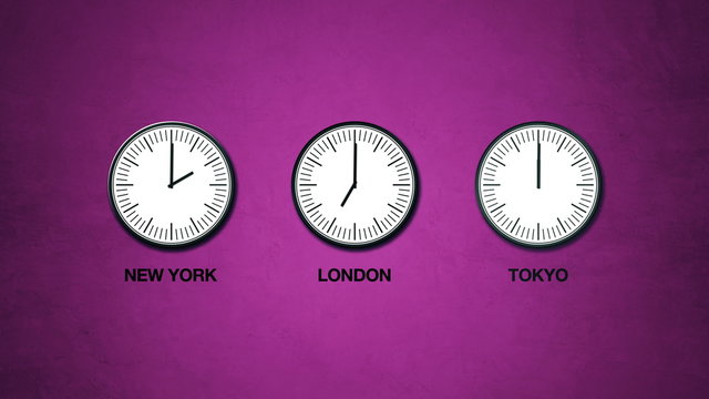 New York, London and Tokyo time, world time zones, three mechanical clocks on office wall displaying time, full turn, loopable time lapse footage.