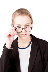 Girl holding glasses isolated