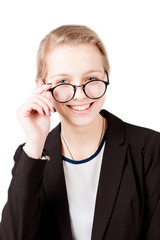 Businesswoman with glasses smiling to camera isolated