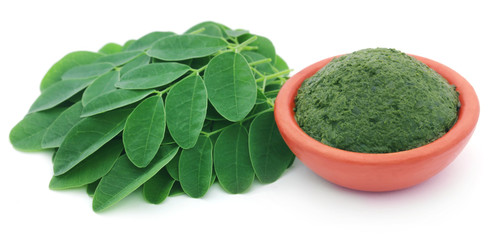 Mashed Moringa leaves in a pottery