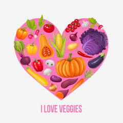 I love veggies. Heart of vegetables. Vector illustration.