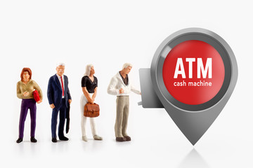miniature people  - people stand in front a ATM machine for cash money