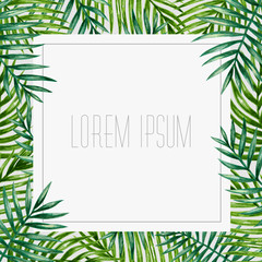 Palm leaves background. Tropical greeting card.
