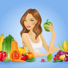 Girl with fresh vegetables. Healthy food vector illustration.
