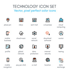 Technology theme line icon set.