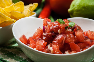 Bowl of fresh salsa with tortilla chips
