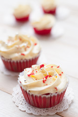 Red velvet cakes on white board