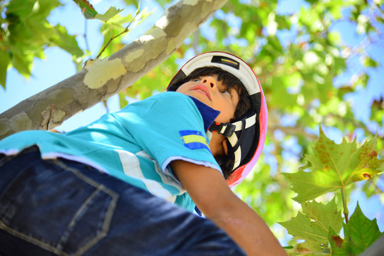 Bopy with red helmet climbing a tree