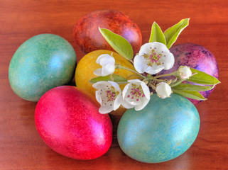 Colorful painted Easter eggs and fresh Spring flowers on wooden background