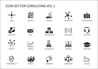 Obraz premium Vector icon set for topic consulting. Various symbols for strategy consulting, IT consulting, business consulting and management consulting