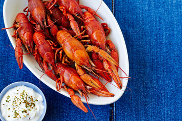 Red boiled crayfish with sauce, horizontal