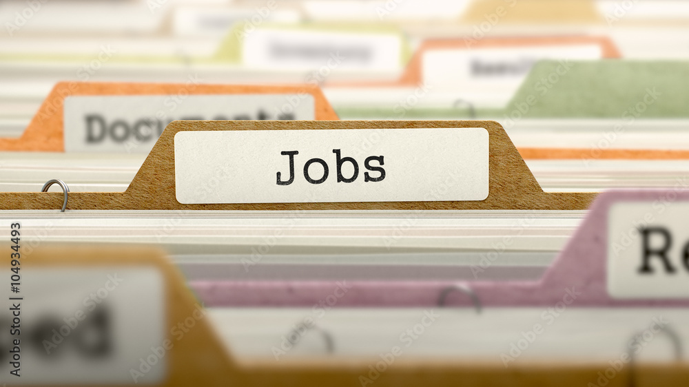 Aufkleber jobs concept on folder register in multicolor card index. closeup view. selective focus. 3d render.