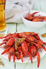 Red boiled crayfish on a white plate and a glass of beer.