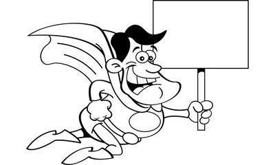 Black and white illustration of a flying superhero holding a sign.