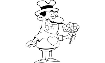 Black and white illustration of a man wearing a hat and holding flowers.