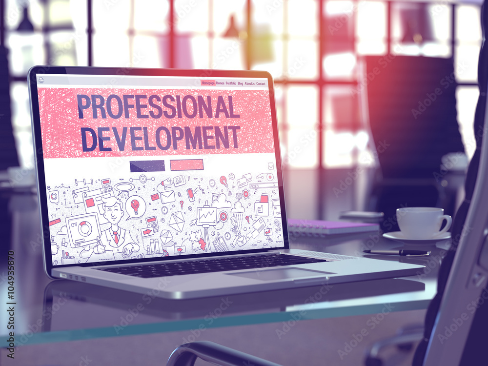 Poster professional development concept - closeup on landing page of laptop screen in modern office workpla