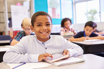 Boy with tablet in elementary school class, portrait