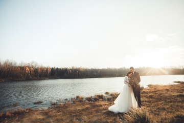 Elegant beautiful wedding couple posing near a lake at sunset