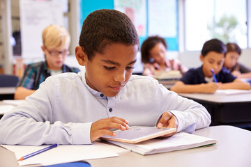 Boy using tablet computer in elementary school class