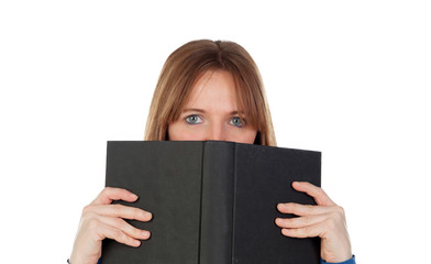 Woman with blue eyes reading a book