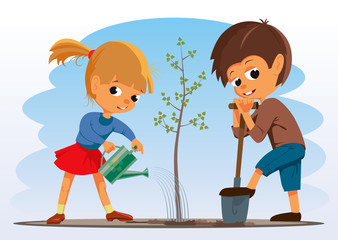 Girl and boy planted a tree