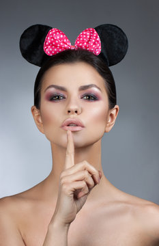 style woman portrait perfect face, professional make. fashion mouse with big ears. Fashion art photo. Air 